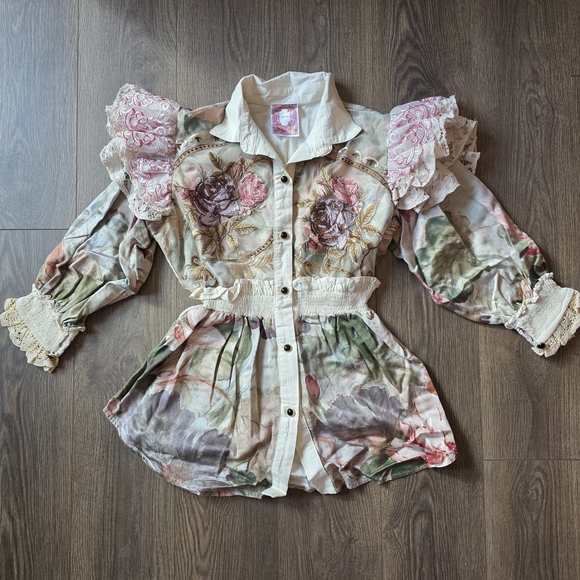 no brand Tops - Floral Lace Puff-Sleeve Girls' Shirt - Pink & Cream